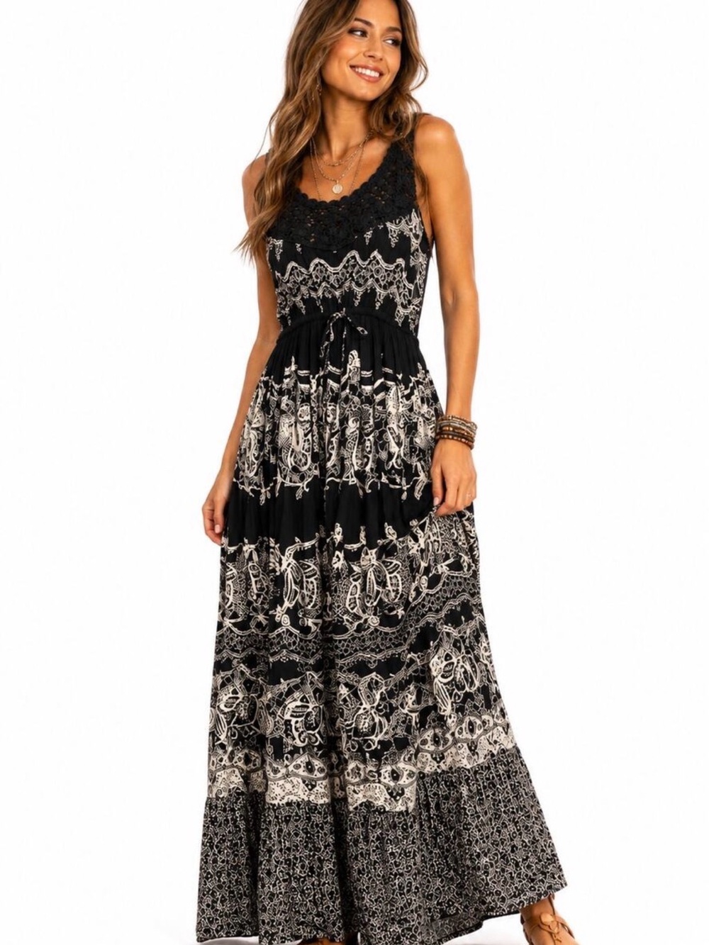 Bila Boho Lace-Trim Black & Cream Maxi Dress